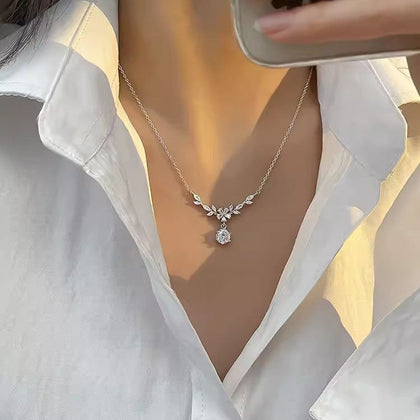 Aurora Crystal Petal Necklace — Silver Floral Solitaire Pendant