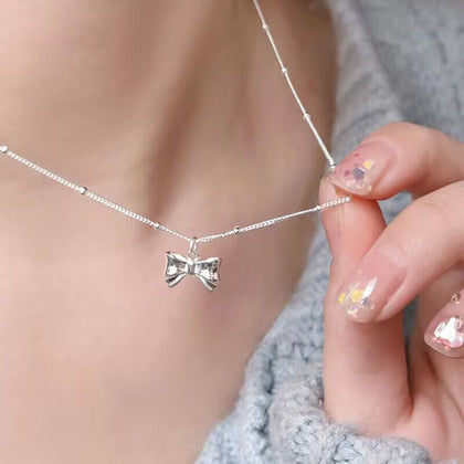 Aurelie Bow Charm Pendant — Sterling Silver Beaded Chain