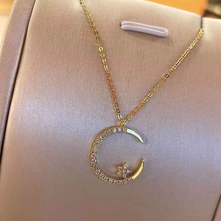 Lunaria Crescent Moon & Star Pendant — 18K Gold Crystal-Pavé