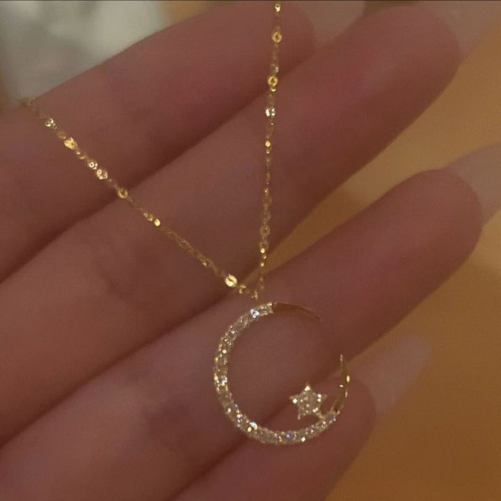 Lunaria Crescent Moon & Star Pendant — 18K Gold Crystal-Pavé