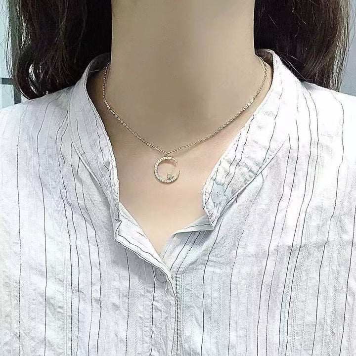 Lunaria Crescent Moon & Star Pendant — 18K Gold Crystal-Pavé