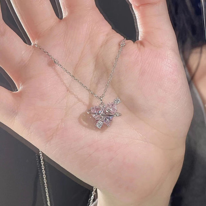 Saturne Pink Heart Orbital Pendant — Crystal Halo