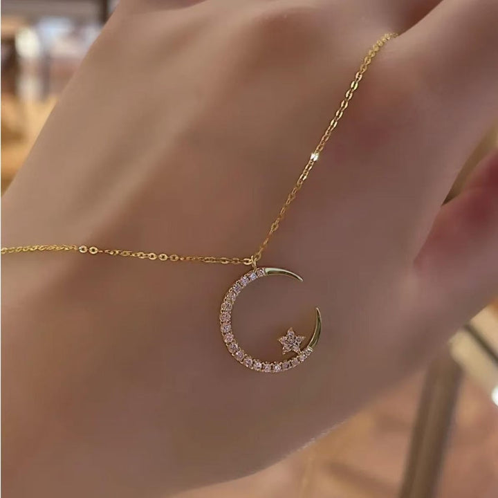 Lunaria Crescent Moon & Star Pendant — 18K Gold Crystal-Pavé