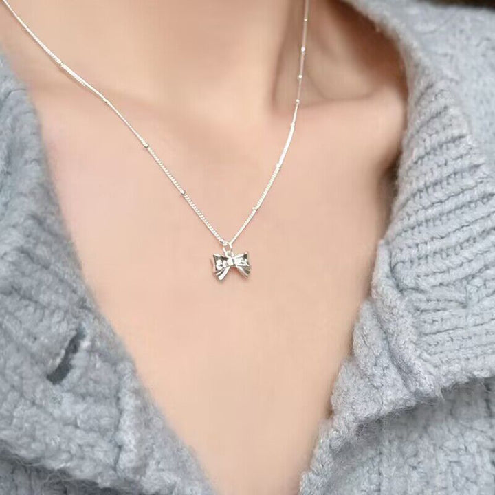 Aurelie Bow Charm Pendant — Sterling Silver Beaded Chain