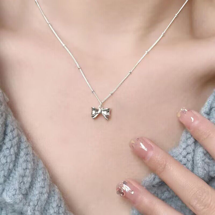 Aurelie Bow Charm Pendant — Sterling Silver Beaded Chain