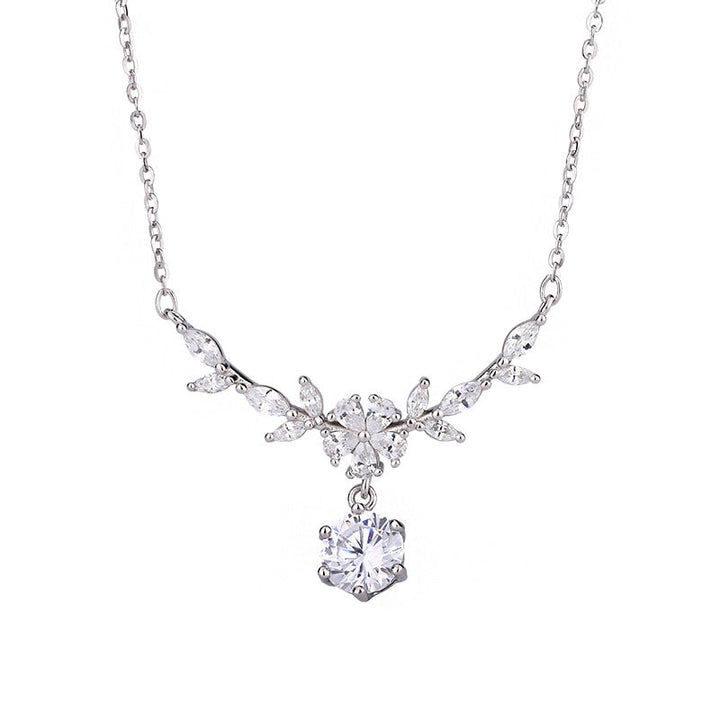 Aurora Crystal Petal Necklace — Silver Floral Solitaire Pendant