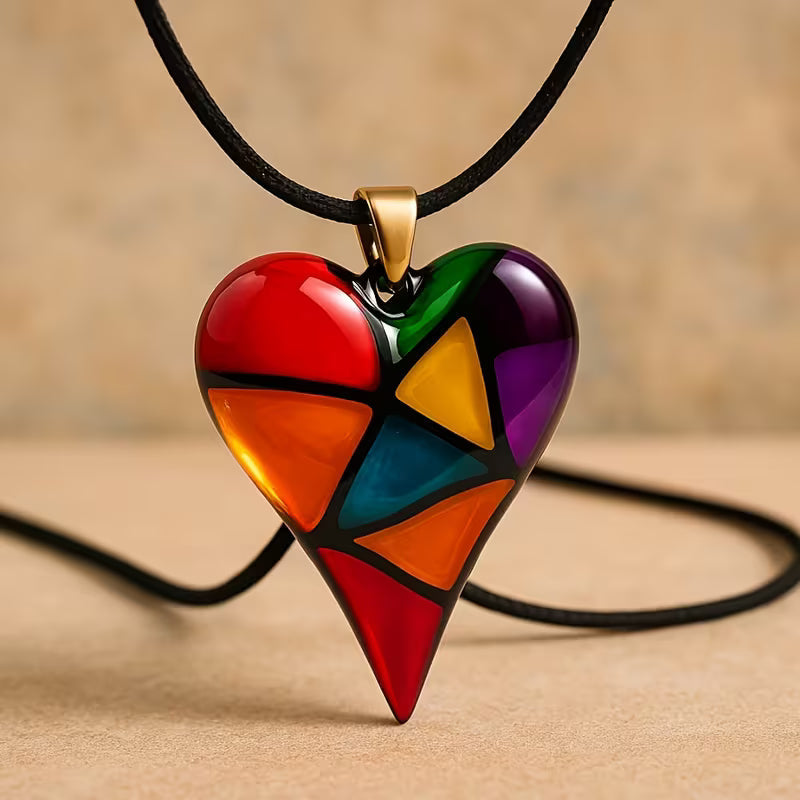 Stained-glass mosaic heart necklace